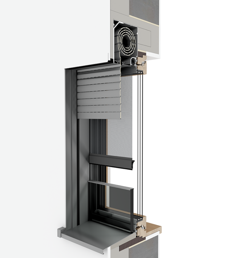 Fenster mit Rollladen, Insektenschutz und Absturzsicherung