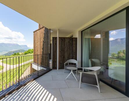 Panoramablick von der Zimmerterrasse im Hotel Tenz – mit Verglasungen von Tip Top