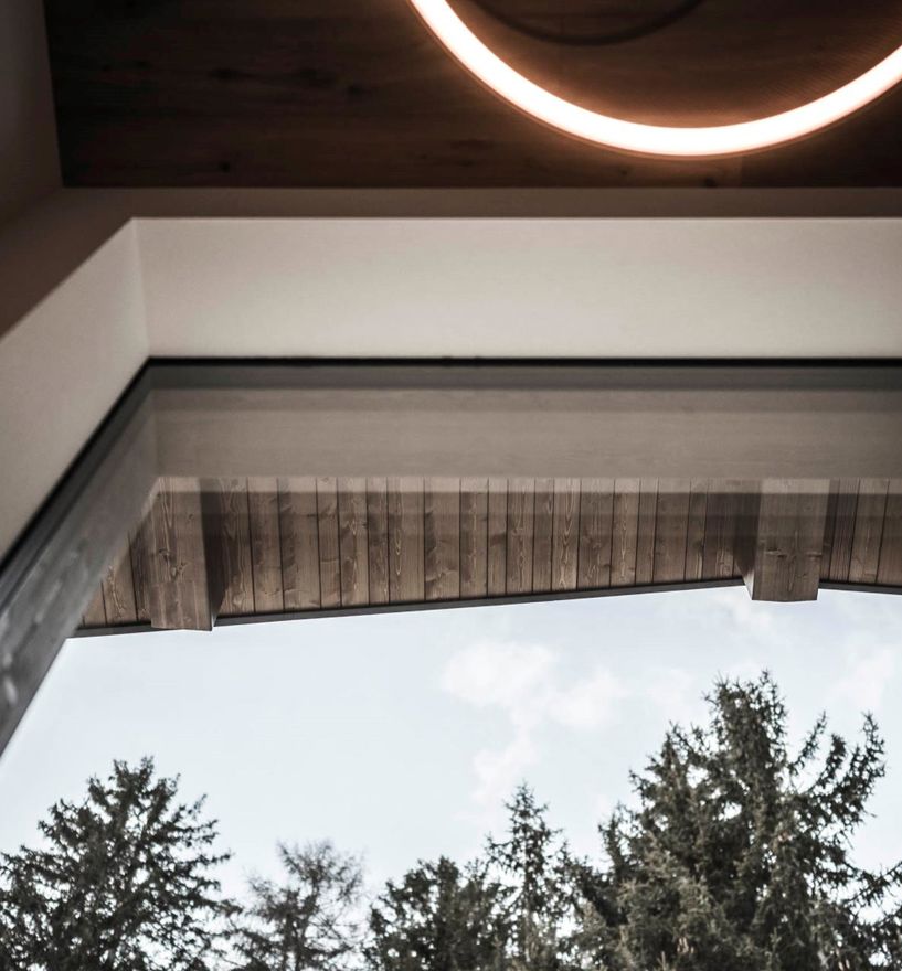 Blick durch modernes Fenster auf hölzernes Vordach und Tannenbäume unter blauem Himmel.